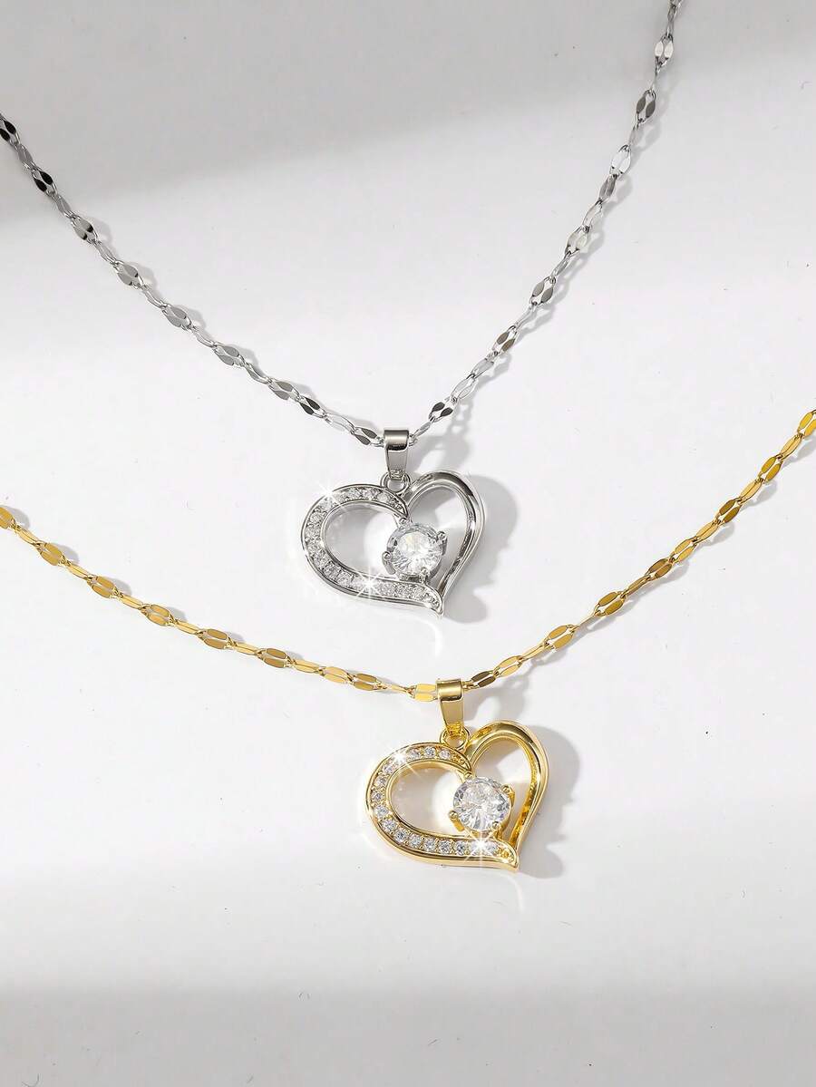 1件輕奢風格優雅的心形鑲鑽鎖骨鍊,時尚多變的鈦鋼項鍊適合女性,派對裝飾和禮物 - 彩色 - 查看 1