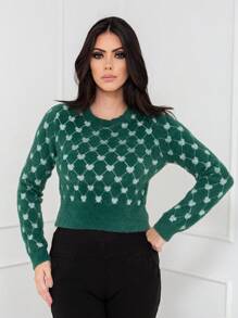 Suéter pulover importado feminino com gráfico de coração pequeno, gola redonda, mangas caídas número do modelo é WZ168 - Verde - Visão 2