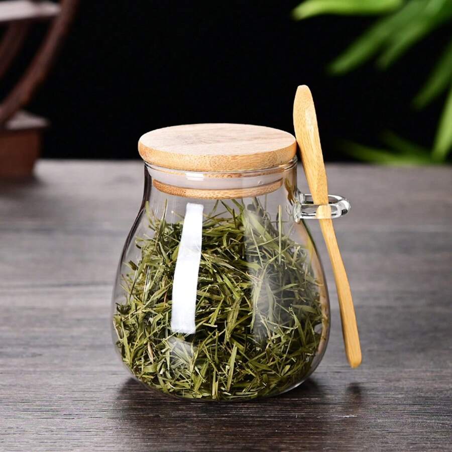 [350ml Small Size With Wooden Spoon] Glass Food Storage Jar Sugar Bowl Tea Jar With Airtight Lid And Spoon, Transparent With Large Capacity, Sealed Container With Lid For Grains, Snacks, Tea And Other Storage - Clear - View 1