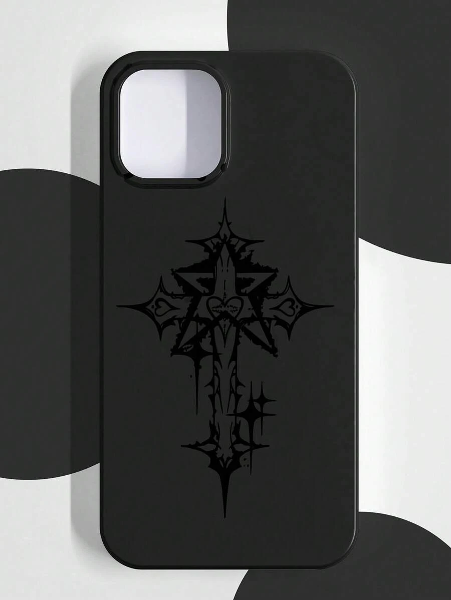 Cross & Stars With Heart Graphic Phone Case Compatible With IPhone11/12/13/14/15/15pro/15 Plus/15 Promax/7plus/8plus/X/Xs Max/Xr/11pro/12pro/13pro/14pro/12mini/13mini/11promax/12promax/13promax/14promax/14plus/6/6s/6plus/7/8/Se&Compatible With Samsung Galaxy/A54/A14/A12/A13/A15/A32/A33/A24/A52S/S20/S21/S22/S23/S24/S23Plus/S24ultra,International Version, Not The Domestic Version - Black - View 1