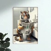 1 件无框趣味厕所动物墙壁艺术海报印刷牛鸭老虎阅读报纸帆布画浴室房间家居装饰大象无框 - 彩色 - 查看 1