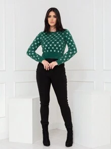 Suéter pulover importado feminino com gráfico de coração pequeno, gola redonda, mangas caídas número do modelo é WZ168 - Verde - Visão 6