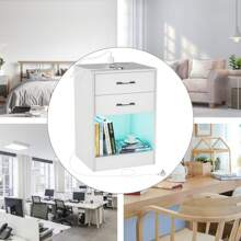 SUMTONG  LED Nightstand With 4 Charging Station And 2 Drawers, Modern Bedside Table Drawers, Modern Night Stand With High Gloss Panel - 白色 - 查看 5