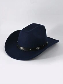 1pc Ladies' Solid Color Round Top Knit Felt Hat With Metal Studs & Pu Leather Strap Decor, Spring And Autumn Sun Protection, Fashionable All-Match Western Cowboy Hat And Wide Brim Fedora Suitable For Daily Wearing Boho Cowboy Hat Cowgirl Hat Halloween - Yiziding - View 8