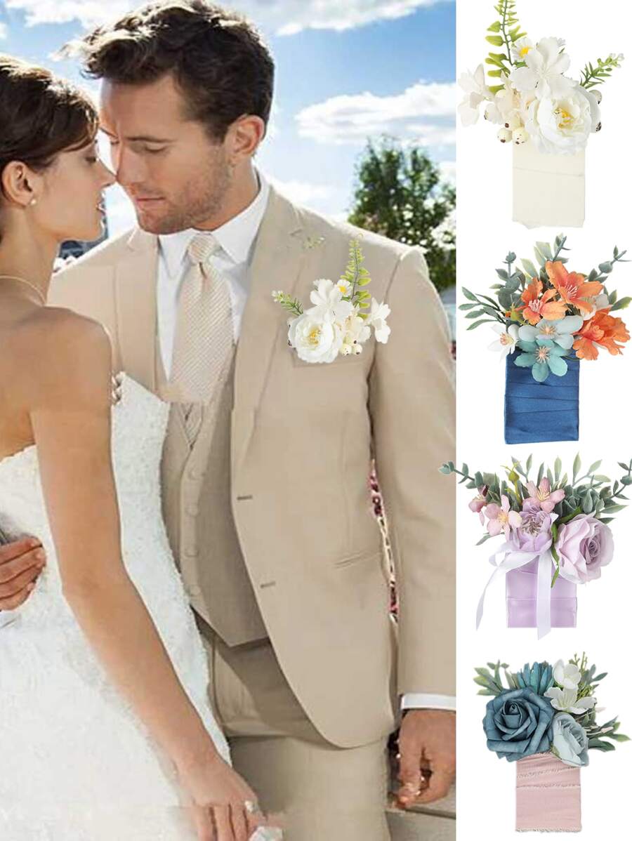 1入組男士婚禮胸花,口袋胸花,新郎、伴郎婚禮胸花,舞會、周年紀念、正式晚宴穿孔西裝胸花