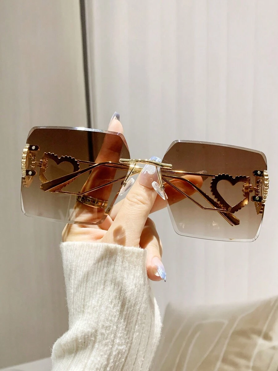 1 Pair Metal Frameless Square Fashion Glasses With Heart Pattern, Y2K Style, Elegant For Holidays, Beach Accessory, Women, Essential Item For Autumn/Winter, Business Casual, Valentine's Day Gift, Summer Beach Vacation, Outdoor Travel - Brown - View 1