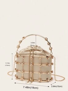 Diamond & Metallic Drawstring Evening Clutch, Can Be Carried By Hand Or Shoulder - Gold - View 8