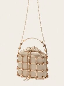 Diamond & Metallic Drawstring Evening Clutch, Can Be Carried By Hand Or Shoulder - Gold - View 5