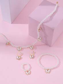 5入組小女孩珍珠和珠子繡蝴蝶設計項鍊,耳環,手鍊,戒指組合套裝