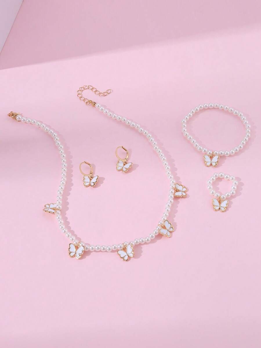 5入組小女孩珍珠和珠子繡蝴蝶設計項鍊,耳環,手鍊,戒指組合套裝