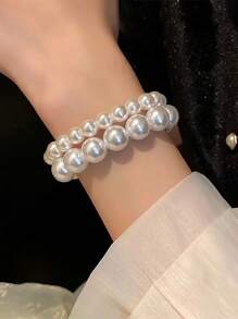 2-4入組法式復古簡約珍珠彈性手環，時尚日常多用途優雅女性手袋 - 白色 - 查看 7