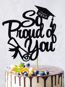 1pc Black "So Proud Of You" Graduation Cap And Diploma Certificate Cake Topper, For 2024 Graduation Ceremony Theme Party Cake Decoration