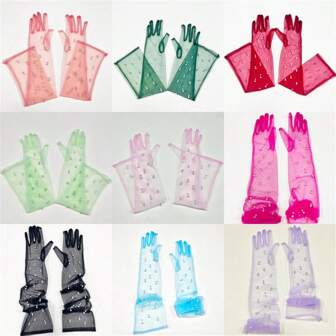 Ladies' Long Transparent Mesh Faux Pearl Gloves For Opera, Evening Party, Stage Performance