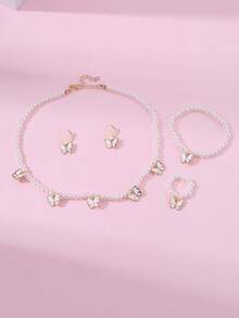 5入組小女孩珍珠和珠子繡蝴蝶設計項鍊,耳環,手鍊,戒指組合套裝