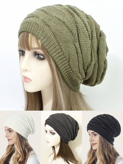 1pc Ladies' Green Slouchy Beanie With Thick Thermal Lined, Soft & Skin-Friendly For Winter Daily Wear & Outdoor Activities, Warm & Ear Protection Casual
