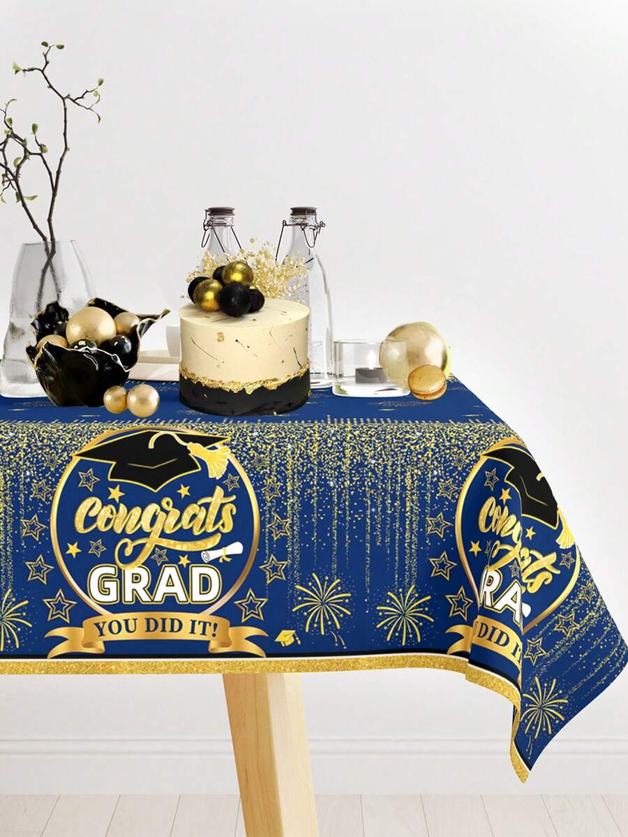 1入新畢業季主題藍d金色pe一次性桌布,畢業派對主題桌布,生日派對裝飾桌布,無需洗滌防水桌布,尺寸51.18*86.61英寸桌布,派對裝飾,慶祝2024年畢業班派對 - 藍金 - 查看 1