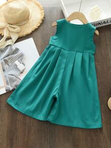 Mono Sin Mangas De Color Sólido Para Chica Joven Con Cierre De Botonadura Y Diseño De Pliegues Prensados, Ideal Para Verano - Verde - Ver 2