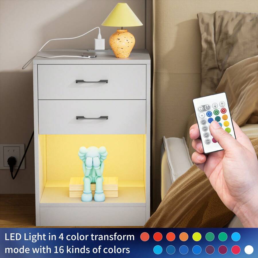 SUMTONG  LED Nightstand With 4 Charging Station And 2 Drawers, Modern Bedside Table Drawers, Modern Night Stand With High Gloss Panel - 白色 - 查看 1