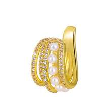 1入組多層立方氧化鋯鑲嵌珍珠和幾何設計耳環，針式無耳洞夾，適用於女性日常佩戴 - 金色 - 查看 14