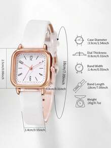 Women's Leather Strap Fashionable Simple Square Dial Quartz Wristwatch + Pearl Jewelry Set (5pcs/Set) As A Gift For Students Returning To School