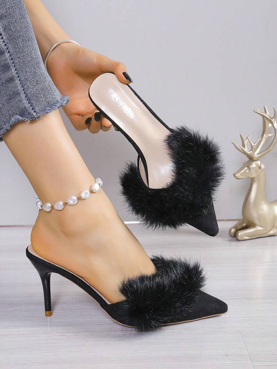 Giày Cao Gót Nữ Trang Trí Lông Vũ, Mũi Nhọn Gót Mỏng, Phong Cách Phương Tây, Dép Nửa Dép, Giày Bít Mũi Da Lộn Màu Đen Cho Trang Phục Thời Trang - màu đen - Xem 1