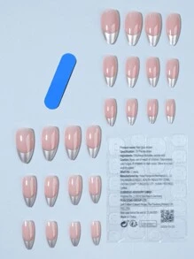 24入組Y2K風格銀法式金屬鍍鉻閃亮中碎杏仁形貼上式指甲，霧面彩虹指甲粉、冰裂指甲沙、霧面光線指甲、人造珍珠假指甲套裝提升您的時尚品味，包含1入膠水和1把指甲銼，長指甲文具用品 - 彩色 - 查看 3