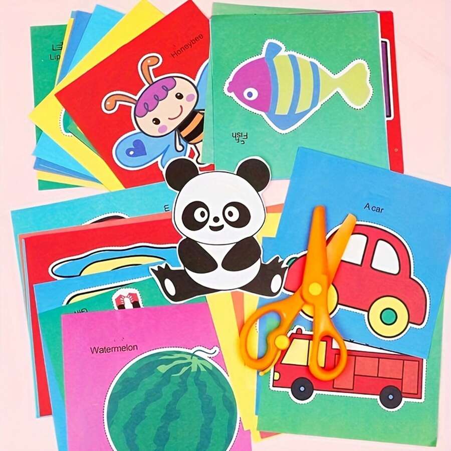 Children's Diy Paper Cutting Art Kit (90 Sheets Of Paper + Plastic Scissors), For Intellectual Development - Multicolor - View 1