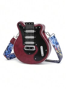Túi đeo chéo nữ phong cách Y2K hình cây đàn guitar Niche 2024 có màu sắc tương phản mới lạ có đinh tán trang trí Túi đeo vai hợp thời trang làm quà tặng lễ hội âm nhạc Da PU cao cấp, thiết kế bass có điểm nhấn là dây xích và đinh tán, dây đeo vai có thể điều chỉnh, không gian bên trong rộng rãi và phụ kiện thời trang dành cho phụ nữ - Màu Đỏ Sâu - Xem 4