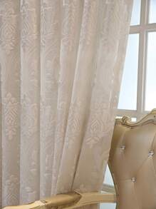 1pc European-Style Thickened Semi-Transparent Curtain With Jacquard Pattern, Simple And Elegant Grey Curtain For Living Room, Bedroom, Balcony, Restaurant Home Decor - Beige - View 4