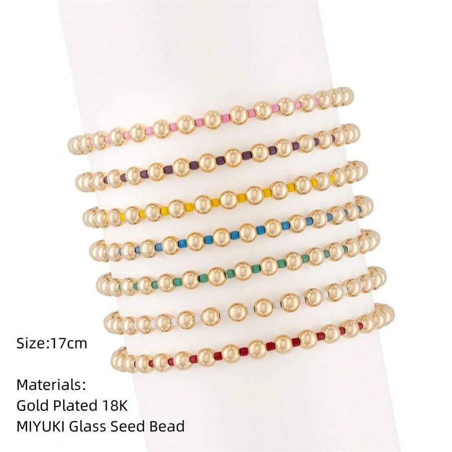 Handmade Beaded Bracelet With Rice Beads Design, 18k Gold Plated Copper Beads, Classic Style, Ideal For Spring & Summer, European And American Style Jewelry - Multicolor - View 1