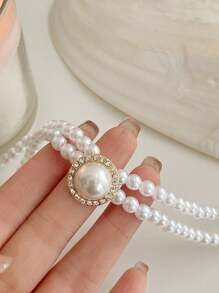 優雅珍珠首飾套裝，包括1條項鍊和1對耳環，適合日常和節日穿戴 - 彩色 - 查看 3