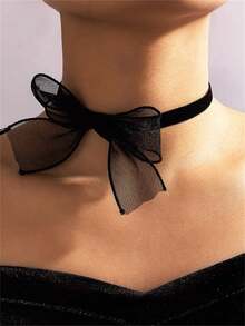 1 件女士优雅仙女风格蝴蝶结项链，个性化时尚清新颈链 - 黑色 - 查看 4