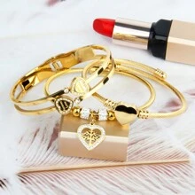 3-In-1 Set: Rhinestones Embedded Double LOVE Stainless Steel Bracelet, & Fashionable, With Romane Braided Steel Wire Bracelet Accessory, Great Gift
