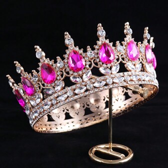 1pc Simple & Fashionable Pink Water Drop Glass-Crystal & Alloy Crown For Bride, Suitable For Women's Wedding, Festival, Birthday Party And Other Occasions