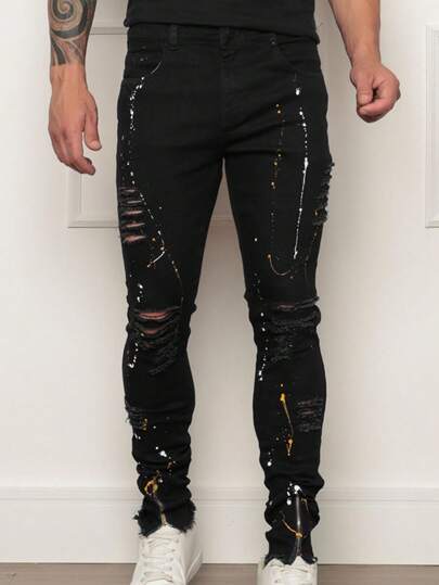 Calça Jeans Masculina Skinny Preta Rasgada Com Tinta