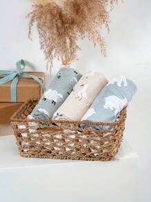 HappyFlute 彩虹和太阳熊图案平纹细布竹纤维婴儿裹巾襁褓毯 3 件套 120*110 厘米 带 Oeko 认证