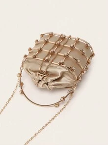 Diamond & Metallic Drawstring Evening Clutch, Can Be Carried By Hand Or Shoulder - Gold - View 6