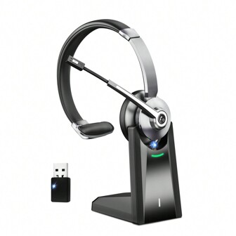 Bluetooth Headset, Wireless Headset With Microphone Noise Canceling & USB Dongle, On Ear Headphones With Charging Dock, PC Headset With Mute Button For Cell Phone/Meeting/Call Center/Office