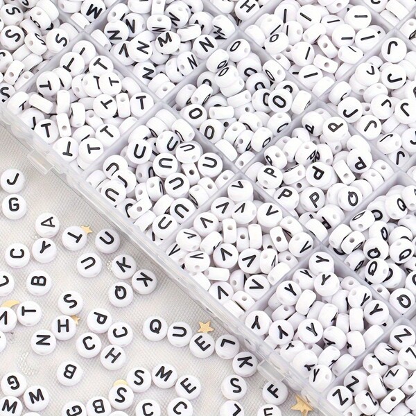 100/200/300/400/500/1000 Piezas Cuentas Mezcladas Sueltas De Letras Negras De Acrílico Blanco Redondas De 4x7mm Para Pulseras, Collares, Llaveros Y Suministros De Artesanía De Joyería De Negocios Pequeños Diy.