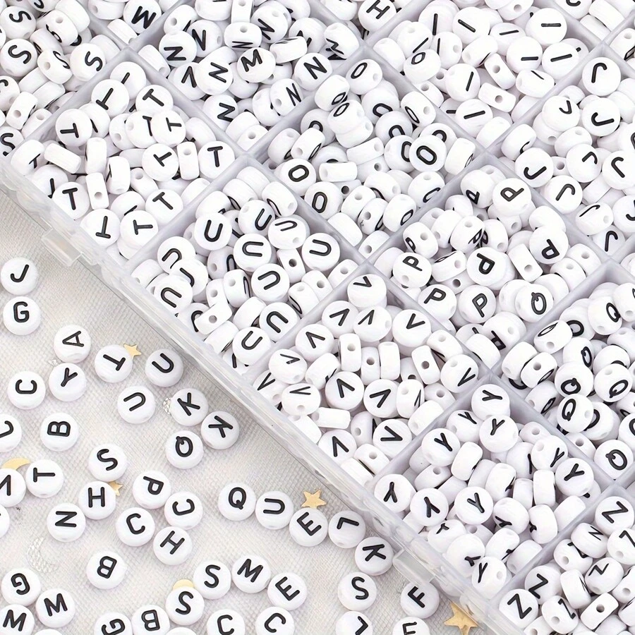 100/200/300/400/500/1000Pcs 4x7mm White Round Acrylic Black Letter Beads A-Z Mixed Loose Beads For DIY Bracelets Necklaces Keychains Small Business Jewelry Making Craft Supplies