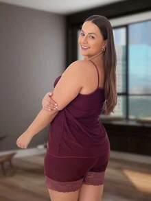 Plus Size Pajama Sets - 酒紅色 - 查看 4