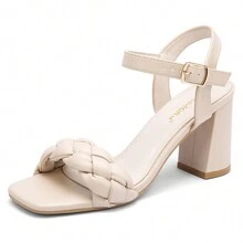 Women's Braided Heeled Sandals Square Open Toe Summer Block Heels Dressy Sandals - 米色 - 查看 2