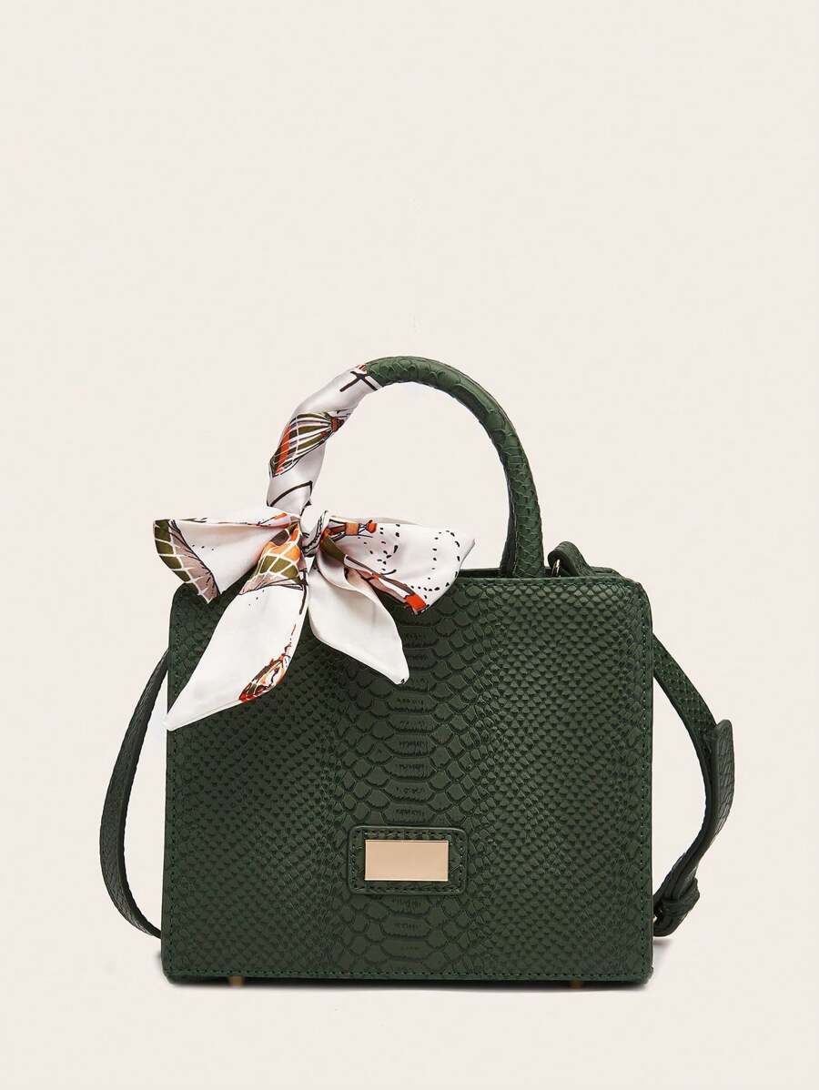 1 件蛇皮蝴蝶结装饰优雅女士手提包，适合日常使用和节日礼物