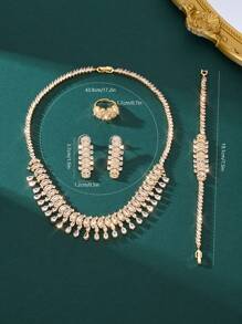 白色、藍色和綠色的小型立體方寶石時尚珠寶套裝,適合新娘婚禮或晚禮服,包括項鍊、耳環、戒指和手鍊 - 金色 - 查看 3