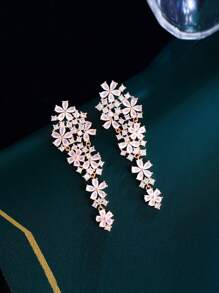 1 Pair Luxury Light Pink Cubic Zirconia Pave Flower Cluster Dangle Drop Long Earrings For Women, Wedding & Party Jewelry Accessories - Pink - View 5