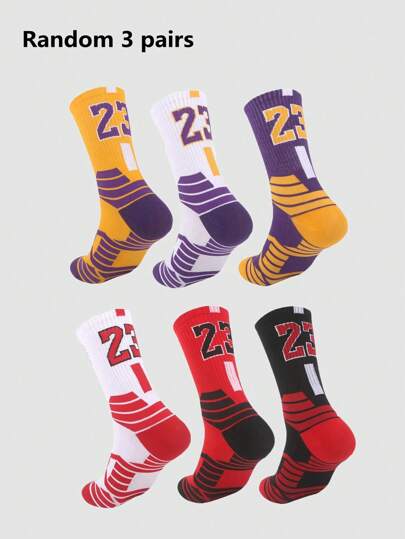 3双/套随机颜色情侣卡通数字印花中筒袜，时尚，健身，秋季