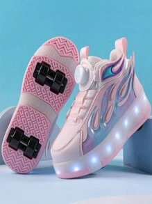 Patines con luces LED 2 en 1 para niños, con 4 ruedas desmontables, recargables por USB, para primavera/verano/otoño/invierno, de PU impermeable, con 11 modos de iluminación y 7 colores, con botón rotatorio unisex fácil de poner y quitar, adecuados para deportes al aire libre - Rosa - Ver 3