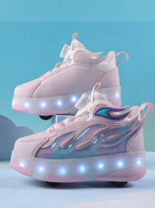 Patines con luces LED 2 en 1 para niños, con 4 ruedas desmontables, recargables por USB, para primavera/verano/otoño/invierno, de PU impermeable, con 11 modos de iluminación y 7 colores, con botón rotatorio unisex fácil de poner y quitar, adecuados para deportes al aire libre - Rosa - Ver 5