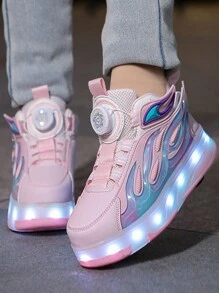 Patines con luces LED 2 en 1 para niños, con 4 ruedas desmontables, recargables por USB, para primavera/verano/otoño/invierno, de PU impermeable, con 11 modos de iluminación y 7 colores, con botón rotatorio unisex fácil de poner y quitar, adecuados para deportes al aire libre - Rosa - Ver 4