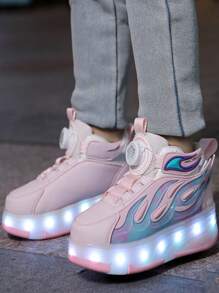 Patines con luces LED 2 en 1 para niños, con 4 ruedas desmontables, recargables por USB, para primavera/verano/otoño/invierno, de PU impermeable, con 11 modos de iluminación y 7 colores, con botón rotatorio unisex fácil de poner y quitar, adecuados para deportes al aire libre - Rosa - Ver 7
